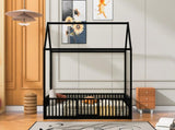 Twin Size Metal House Bed with Fence and Door, Black MF315932AAB