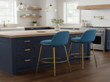Rio Claro Indoor Metal Upholstered Barstool, Gold Finished Frame and Blue Upholstery, Set of 2 N775P268026U