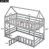 Twin over Twin House Bunk Bed with Fence and Door, Gray WF313047AAE