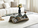 Tempered Glass & MDF Table with Carved Knife Wood Grain, Multi-Storage Open Compartments W3875P387030