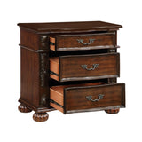 ZUN Classic Traditional Nightstand of 3 Drawers Cherry Finish Carving Wooden Bedroom Furniture 1pc B011P168484