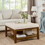 Upholstered Coffee Table Tufted Linen Large Square Ottoman with Beech Wood Shelf and Frame, W2353P183805