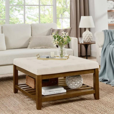 ZUN Upholstered Coffee Table Tufted Linen Large Square Ottoman with Beech Wood Shelf and Frame, W2353P183805