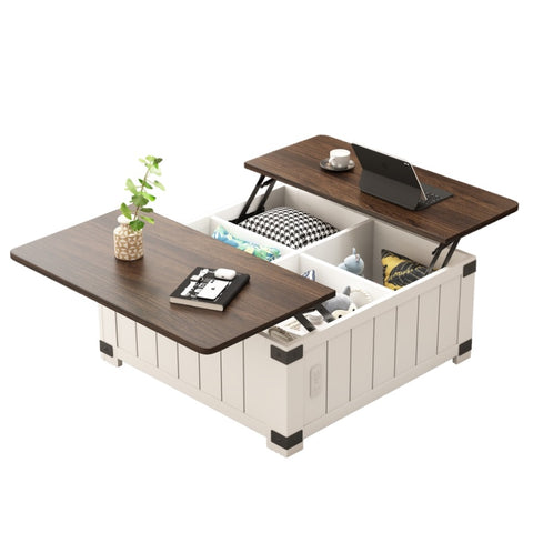 ZUN Farmhouse Lift Top Coffee Table with Storage, Wood Square Center Table with Charging Station&USB 10938186