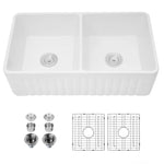 ZUN Ceramic White 33*18*10" Kitchen Double Basin Farmhouse Sink Rectangular Vessel Sink JY3318A