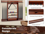 Brown Pine Wood Wall-Mounted Billiards Cue Rack, Holds 8 Cues & 16 Balls with 5 Storage Compartments 14806939
