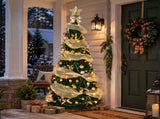 6FT Green Telescopic Christmas Tree with Gold Ribbon, Gold & Silver Ornaments, Bead Chain, PVC, 150 90389719