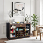 ZUN Double Glass Door with Single Drawer and 12-Bottle Wine Rack Sideboard in Black Frame + Gray-Brown 56154679