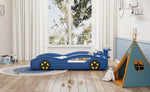 ZUN Wooden Race Car Bed,Car-Shaped Platform Twin Bed with Wheels For Teens,Blue & Yellow WF310553AAC