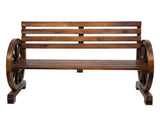 Rustic 2-Person Wooden Wagon Wheel Bench with Slatted Seat and Backrest, Brown 31232953