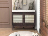 TREXM Boho Rattan Entryway Bench with Storage, Cushioned Shoe Bench with Double Doors, Wooden Shoe N715P308012P