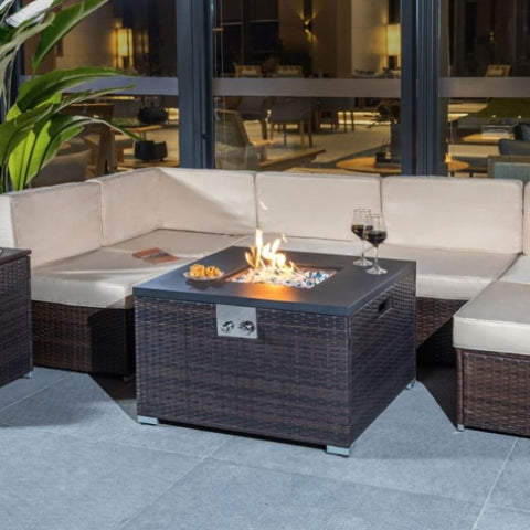 ZUN Outdoor Gas Fire Pit Square Dark Brown Wicker Fire Pit Table Propane Fire Table with Glass Rocks W85335462