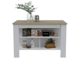 Kitchen Island, Kitchen Table 35" H, Three Open Storage Shelves, Four Legs, White/Light Oak B097132889