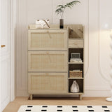 ZUN Natural Bohemia Style Shoe Cabinet, Shoe Rack Cabinet with 3 Rattan Flip Drawers,3 Square Shelves W2557P175973