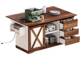 K&K 55.5" Farmhouse Kitchen Island with Drop Leaf, Kitchen Storage Island with Barn Door, Power 68516003