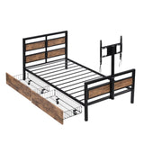 Twin Size Metal Platform Bed with MDF Headboard and Footboard,Two Storage Drawers and Rotatable TV WF309871AAB