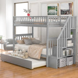 ZUN Twin over Twin Bunk Bed with Trundle and Storage, Gray 11180948