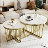 ZUN Modern Round Nesting Coffee Table Set 2-Piece White & Marbling Top Gold Base WF320654AAK