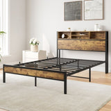 Full Size Bed Frame with Storage Headboard, Metal Platform Bed with Charging Station, Bookcase W840127763