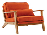 Mid-Century Modern Accent Chair with Wooden Frame - Oak Armrest, Linen-Cotton Burnt Orange 66576481