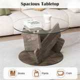 32" Grey Round Tempered Glass Coffee Table - Modern Style, 200LBS Capacity, Solid Rubberwood Base 26269779