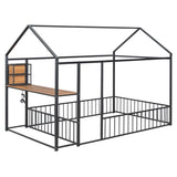 Full Size Metal Bed House Bed Frame with Desk, Shelves, Power Outlets and USB Ports, Black N737P173491B