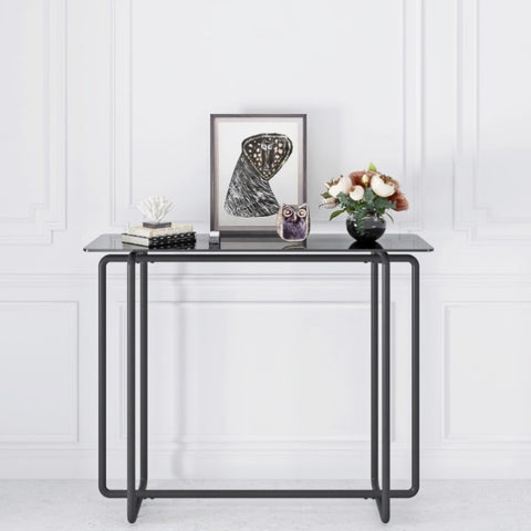 ZUN Console Table single layer tempered glass rectangular porch table black leg double tempered glass W24181016