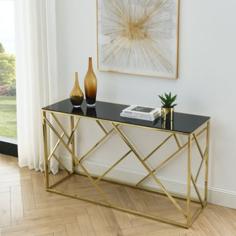 ZUN Modern Glass Console Table, 55" Gold Sofa Table with Sturdy Metal Frame and Black Tempered Glass W1567110796