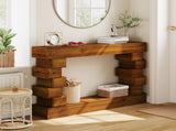 Geometric Block Stacked Wood Console Table with Warm Natural Finish W3123P369192