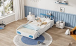 ZUN Wooden Race Car Bed,Car-Shaped Platform Twin Bed with Wheels For Teens,White & Blue WF310553AAK