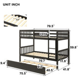 ZUN Twin Over Twin Bunk Beds with Trundle, Solid Wood Trundle Bed Frame with Safety Rail and Ladder, W50440570