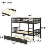 ZUN Twin Over Twin Bunk Beds with Trundle, Solid Wood Trundle Bed Frame with Safety Rail and Ladder, W50440571