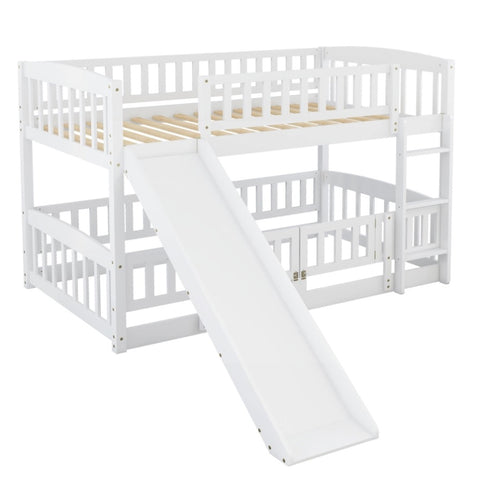 ZUN Bunk Bed with Slide,Twin Over Twin Low Bunk Bed with Fence and Ladder for Toddler Kids Teens White 50818946