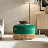 Yolanda 24" Round Upholstered Accent Ottoman, Ultramarine Green Velvet with Gold Trim B2719P364403