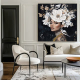 Floral Woman Canvas Wall Art Black and White Bird Tattoo Portrait Modern Aesthetic Artwork for W3374P322231