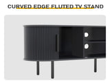 Black Embossed Particle Board TV Stand, Oval Tabletop 1473558cm, Entertainment Center with Slatted 39060699