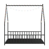 Full size children's bed frame with LED light strips, roof-shaped iron frame bed, Black,78.5" L x 17173656