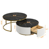 Modern Round Nesting Coffee Table Fluted with Drawer in Black & Gold in 27.6" N735P254992B