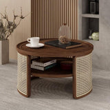 ZUN 2-Tiered Round Walnut Wood Coffee Table with Storage Rattan Base in 31.3'' N735P185131D