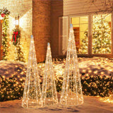 3-Piece Pre-Lit Christmas Cone Trees - 90 Warm White LEDsStar Beaded Strings, Waterproof, 04796158