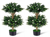 Set of 2 36" Artificial Boxwood Topiary Trees with Flowers, Indoor Outdoor Faux Plants 33264866