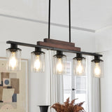 Farmhouse Industrial 5-Light Kitchen Island Pendant Light, Metal Wood Chandelier with Clear Glass W1340P206717