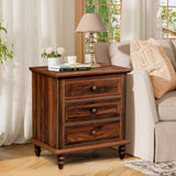 Brown P2 particle board with 3D paper solid wood legs 63*44.5*68.5CM three drawers bedside table 04124081