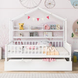 ZUN Wooden Full Size House Bed with Twin Size Trundle,Kids Bed with Shelf, White 90541067