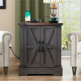 ON-TREND Farmhouse End Table with Charging Station, Rustic Wood Nightstand with Adjustable Shelf, N721P246478E