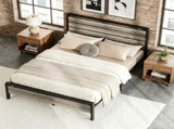Queen Size Metal Wood Platform Bed Frame, 3-Panel Wash Grey Wood Grain Headboard with LED Light & 15630263