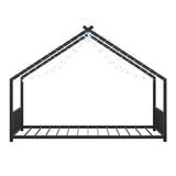 Twin size children's bed frame with LED light strips, roof-shaped iron frame bed, black,78.5" L x 49013984
