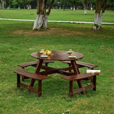 Outdoor 8 Person Picnic Table, 8 person Round Picnic Table with 4 Built-in Benches, Umbrella Hole, W2275P149765