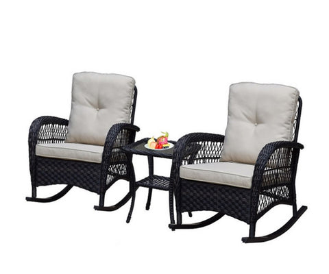 ZUN 3 Piece Wicker Patio Rocker Sets, Rattan Rocking Furniture Set with Glass Table Dark Brown 93714084