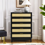 ZUN Bedroom 5 drawer dresser, rattan dresser modern wooden chest of drawers with spacious storage space W1781P183009